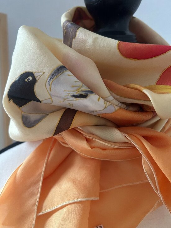 Lovely 100% Silk Scarf Print 34 inches square floral orange yellow but with SNAG - Picture 2 of 8